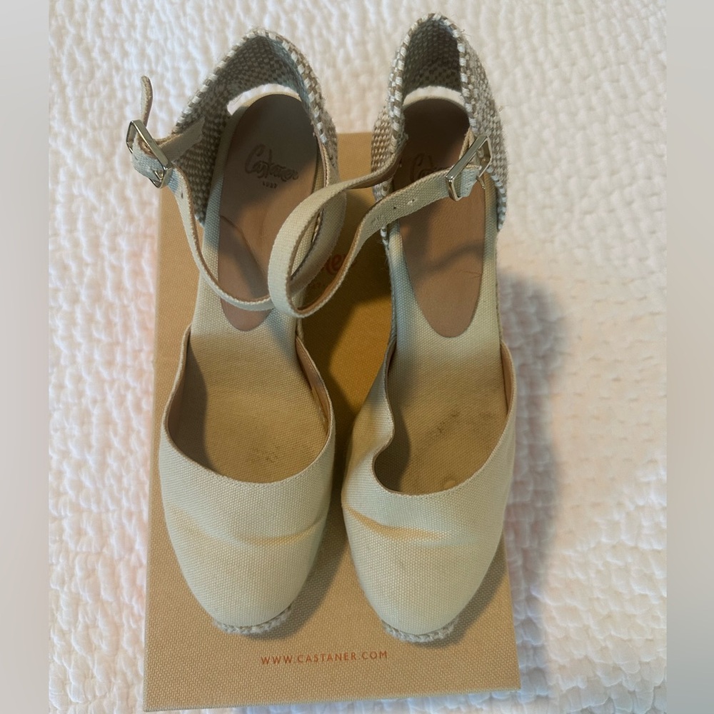 Castaner Cream Canvas Espadrille Wedge Sandals with Ankle Strap - Picture 3 of 7